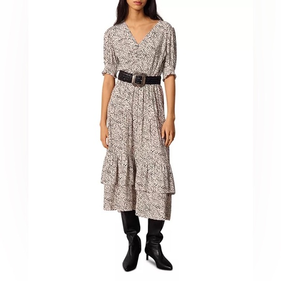 Ba&sh Patterned Midi V- Neck Dress Size Large Women’s - Picture 2 of 15